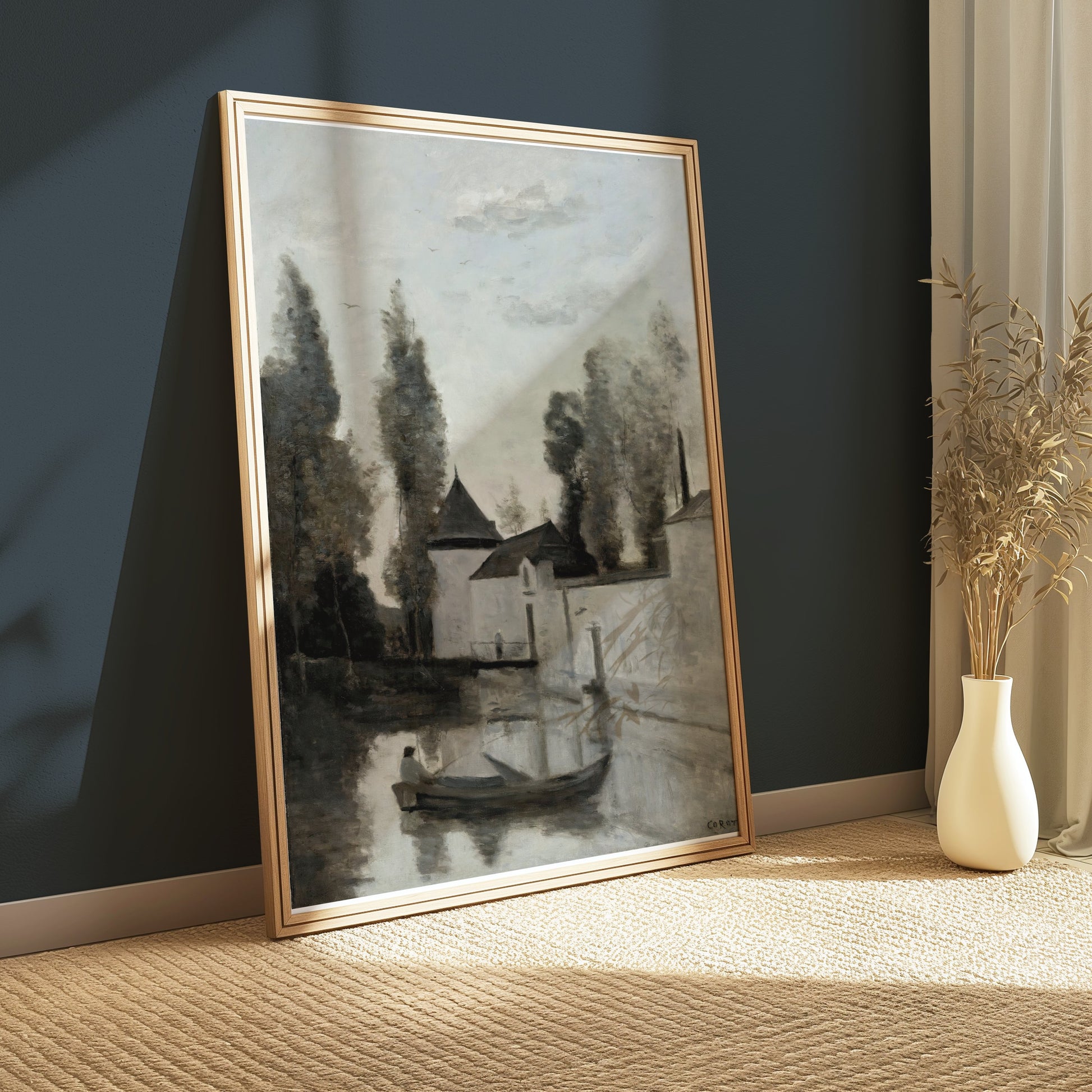 Premium Poster of Serene Riverside Scene with Rowboat and Trees Posters