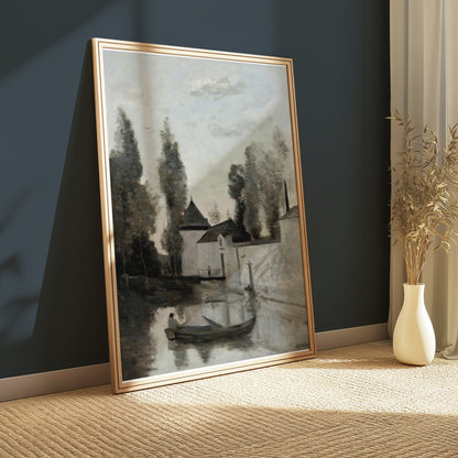 Premium Poster of Serene Riverside Scene with Rowboat and Trees Posters