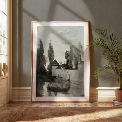 Premium Poster of Serene Riverside Scene with Rowboat and Trees Posters