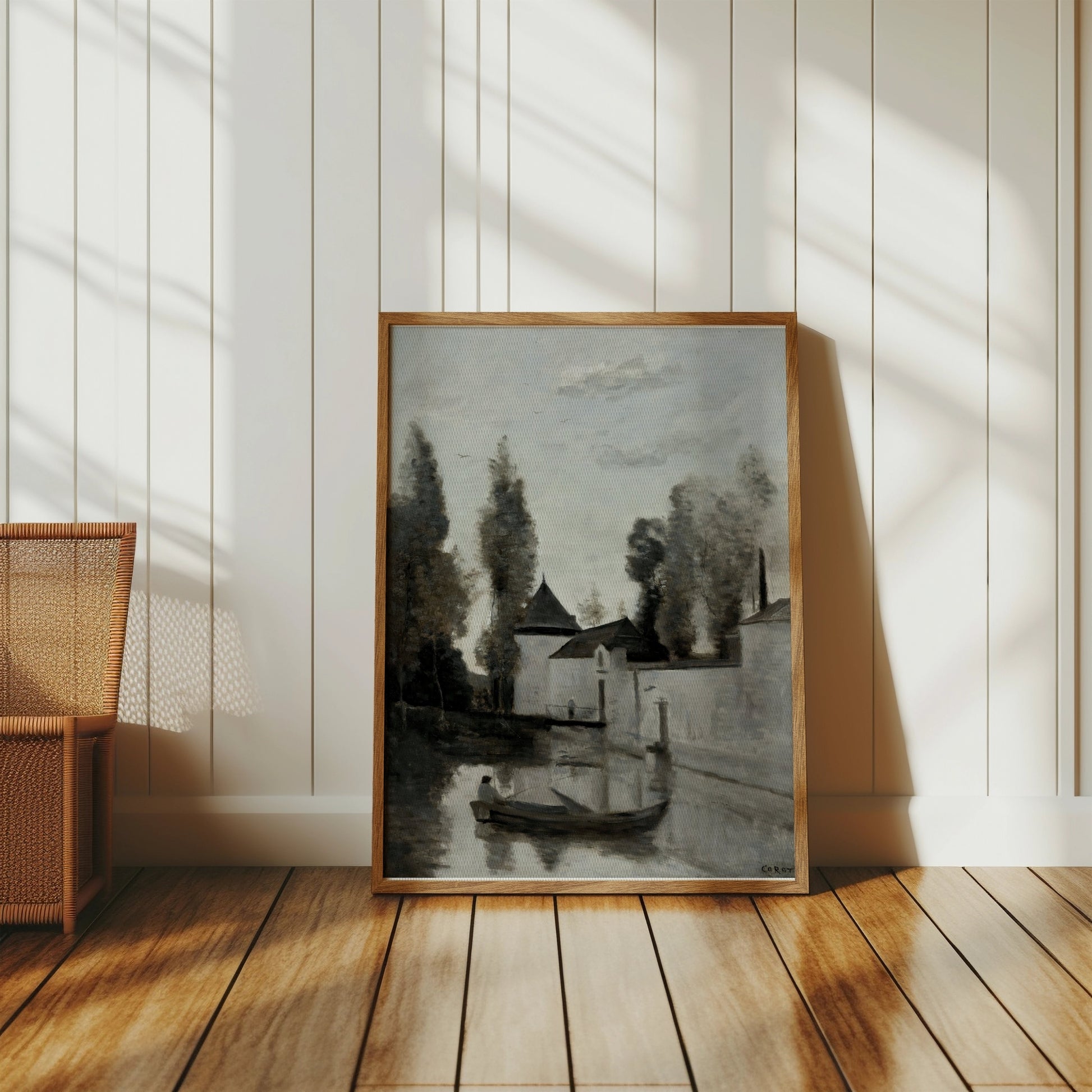Premium Poster of Serene Riverside Scene with Rowboat and Trees Posters