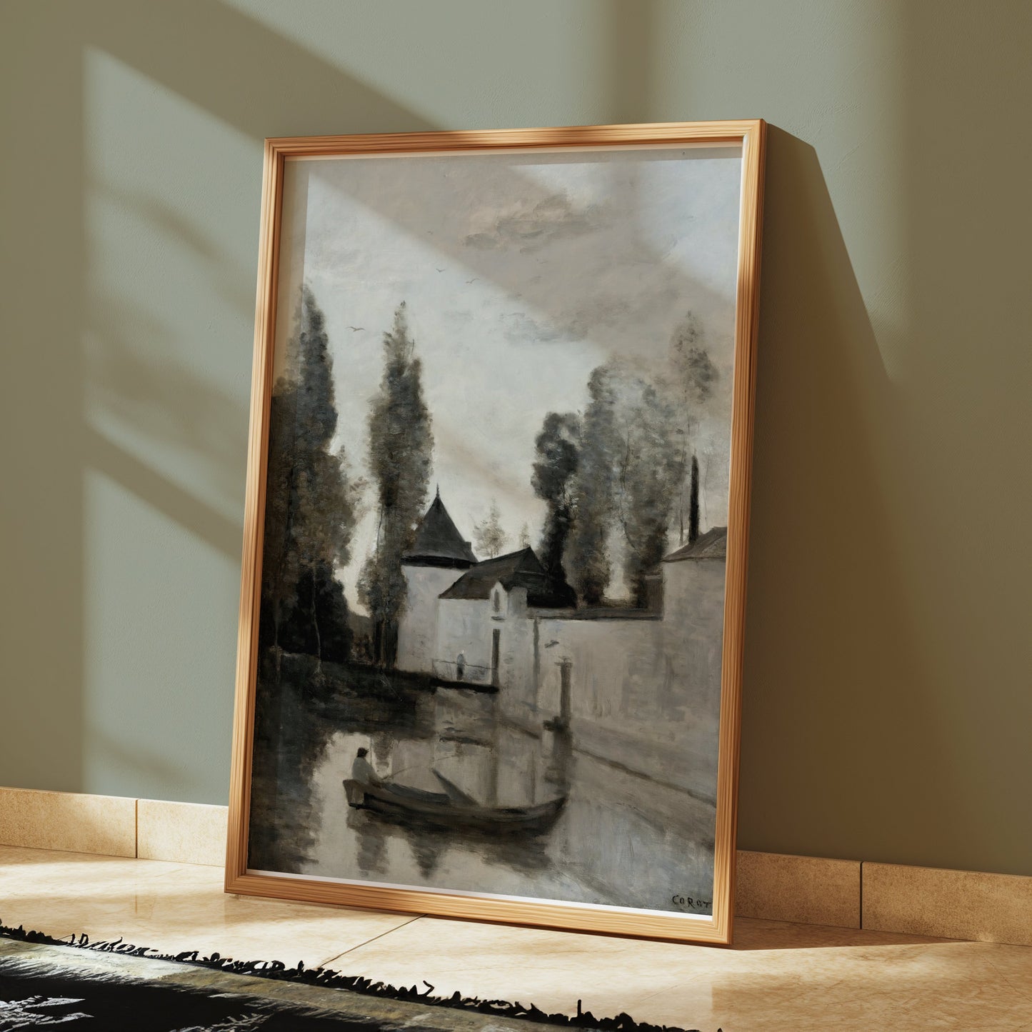 Premium Poster of Serene Riverside Scene with Rowboat and Trees Posters