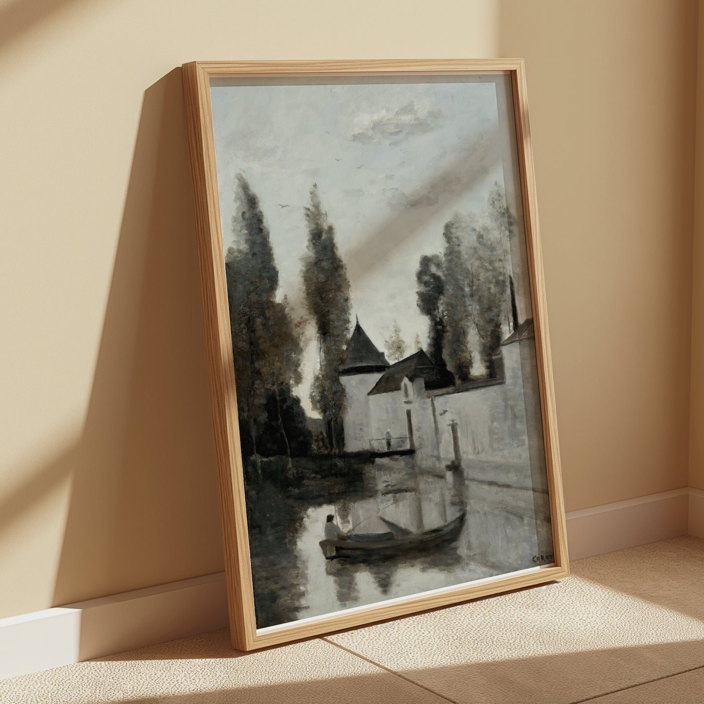 Premium Poster of Serene Riverside Scene with Rowboat and Trees Posters