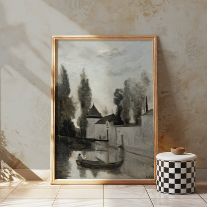 Premium Poster of Serene Riverside Scene with Rowboat and Trees Posters