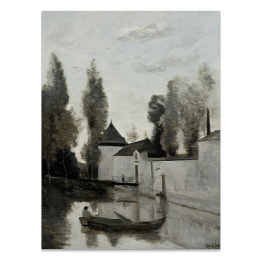 Premium Poster of Serene Riverside Scene with Rowboat and Trees Posters