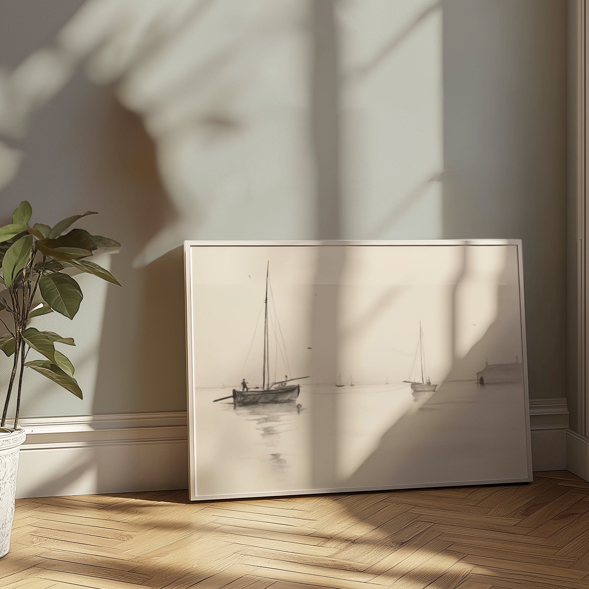 Premium Poster of Serene Seascape with Sailboats and Dock Art Posters