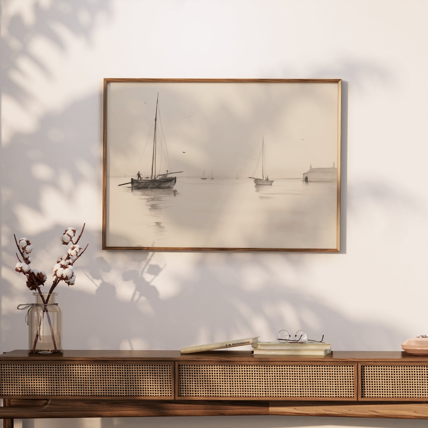 Premium Poster of Serene Seascape with Sailboats and Dock Art Posters