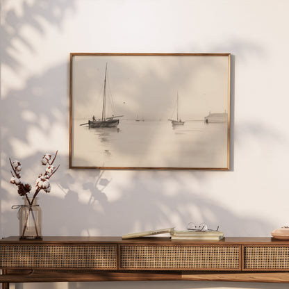 Premium Poster of Serene Seascape with Sailboats and Dock Art Posters