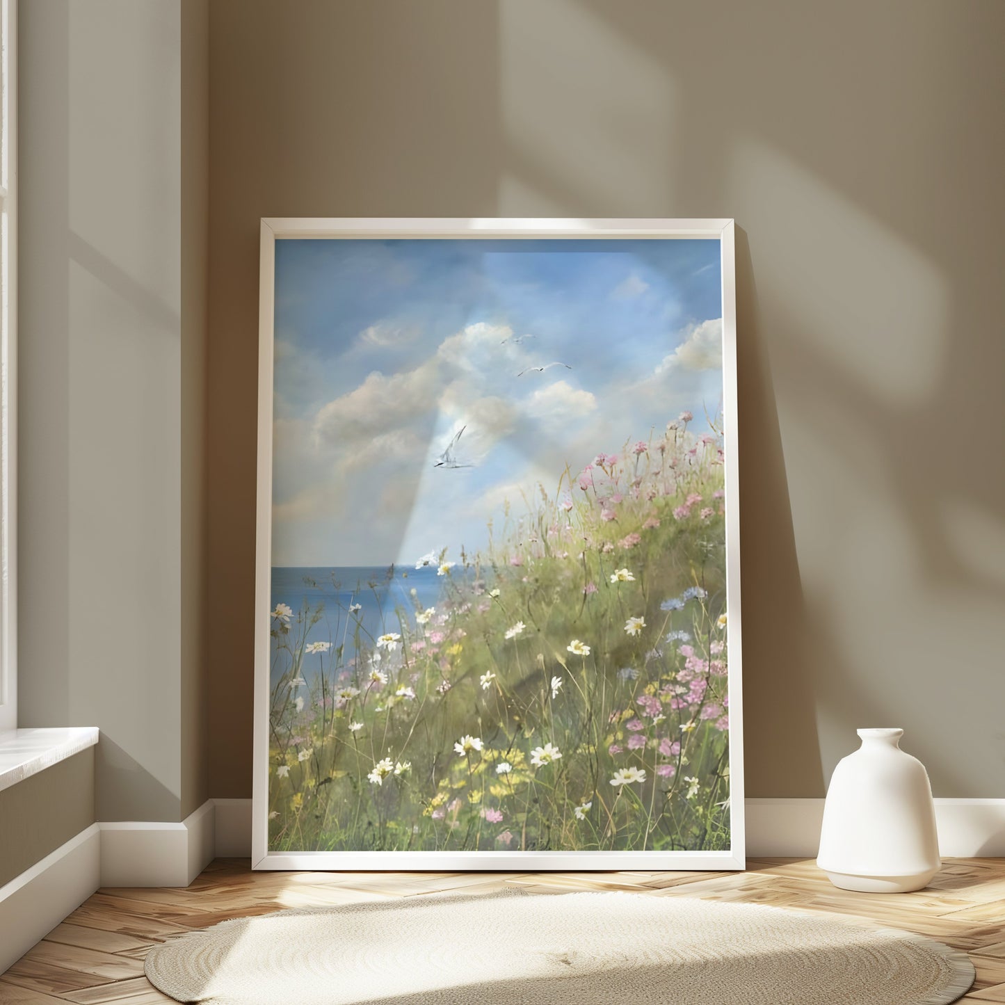 Premium Poster of Serene Seaside Floral Landscape Art Print for Your Wall Posters