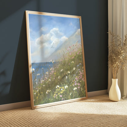 Premium Poster of Serene Seaside Floral Landscape Art Print for Your Wall Posters