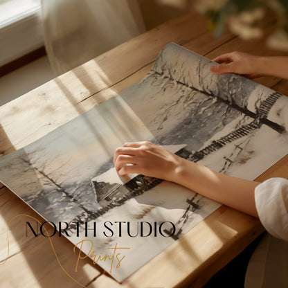 Premium Poster of Serene Snowy Winter Cabin Scene in the Woods Posters