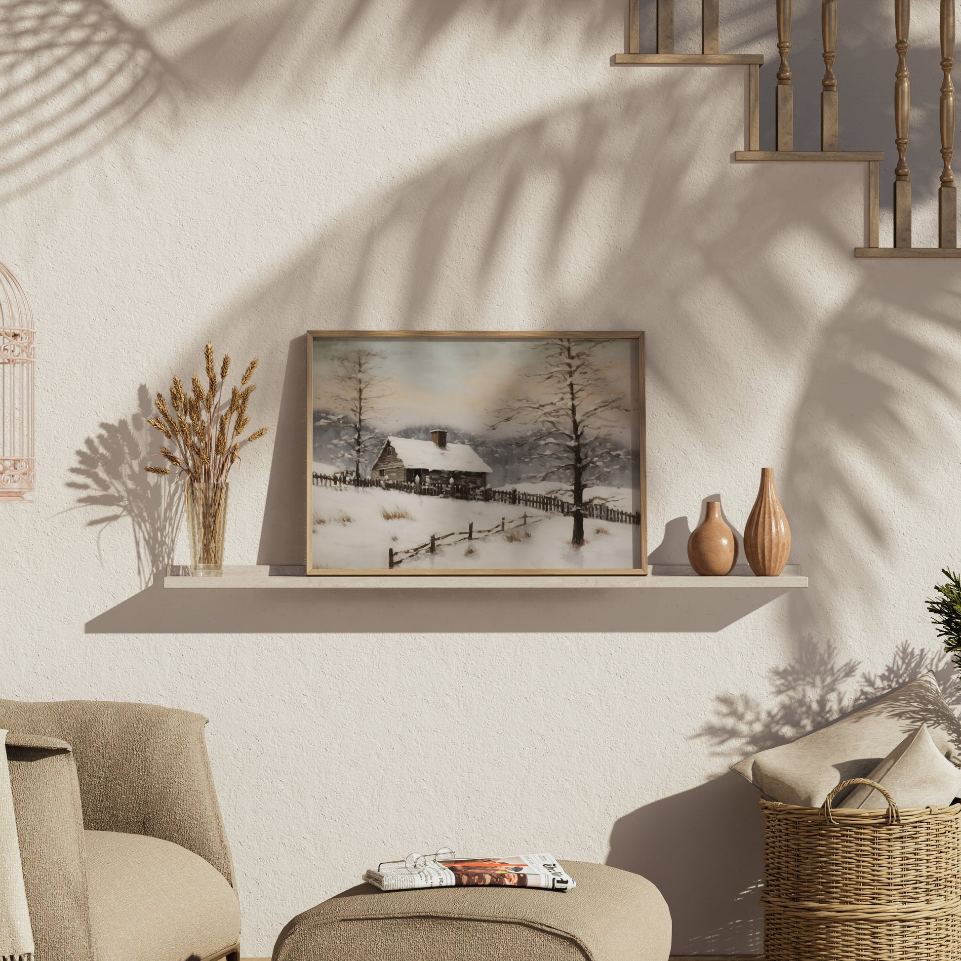 Premium Poster of Serene Snowy Winter Cabin Scene in the Woods Posters