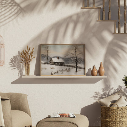 Premium Poster of Serene Snowy Winter Cabin Scene in the Woods Posters
