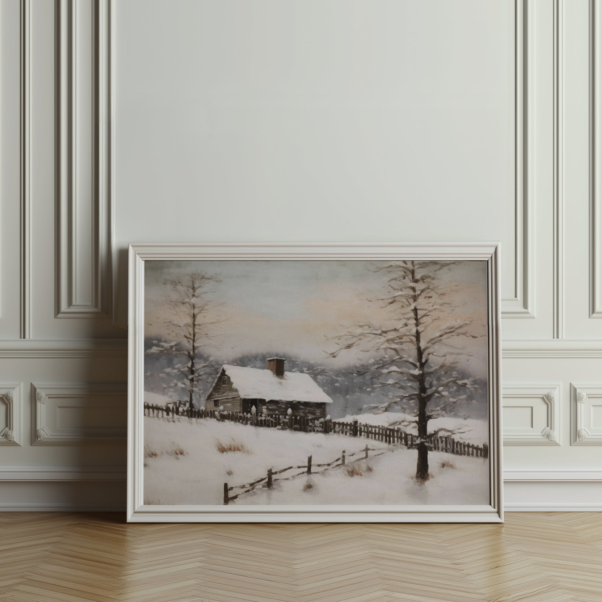 Premium Poster of Serene Snowy Winter Cabin Scene in the Woods Posters