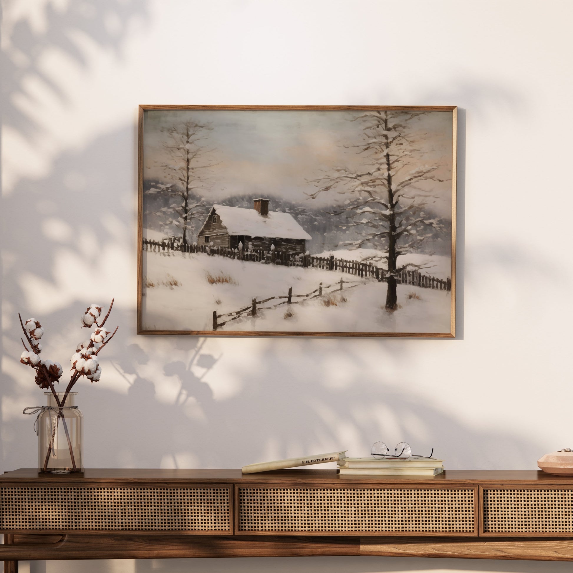 Premium Poster of Serene Snowy Winter Cabin Scene in the Woods Posters