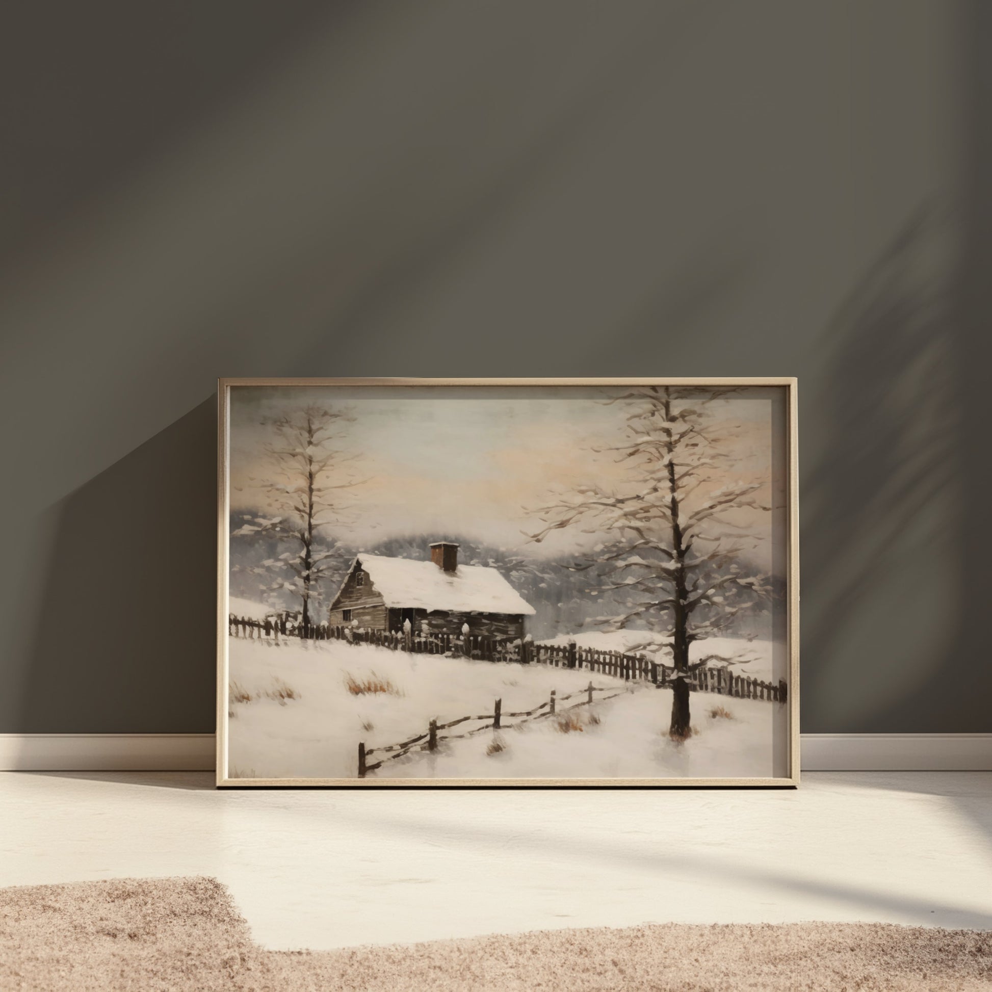 Premium Poster of Serene Snowy Winter Cabin Scene in the Woods Posters