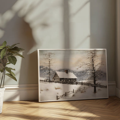 Premium Poster of Serene Snowy Winter Cabin Scene in the Woods Posters