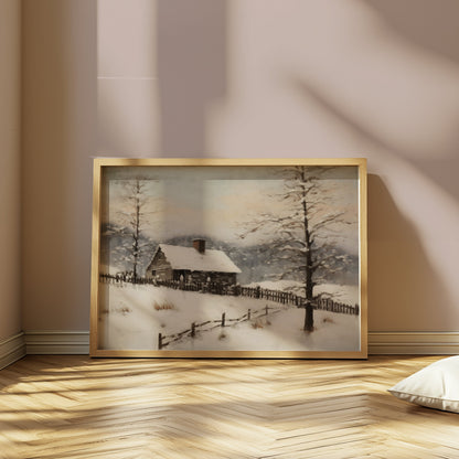 Premium Poster of Serene Snowy Winter Cabin Scene in the Woods Posters