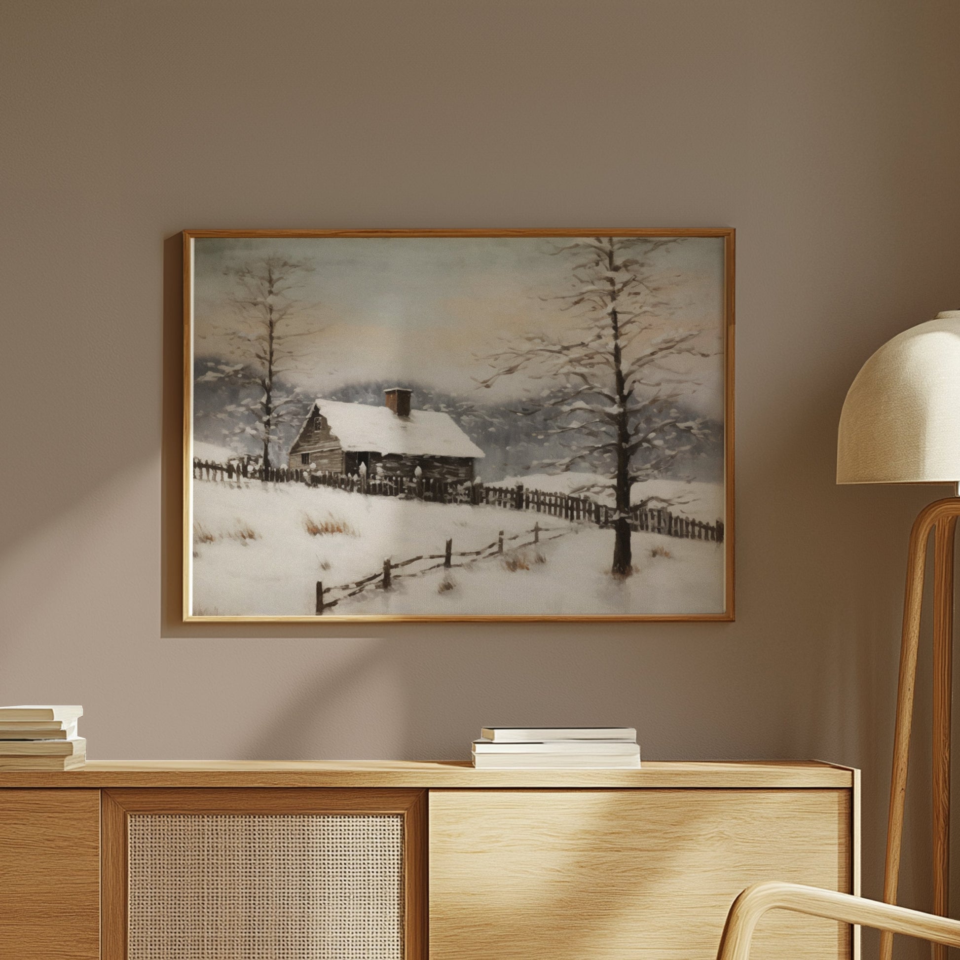 Premium Poster of Serene Snowy Winter Cabin Scene in the Woods Posters
