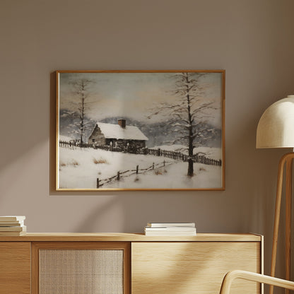Premium Poster of Serene Snowy Winter Cabin Scene in the Woods Posters
