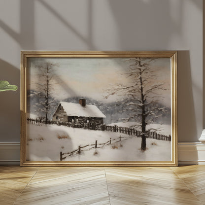 Premium Poster of Serene Snowy Winter Cabin Scene in the Woods Posters