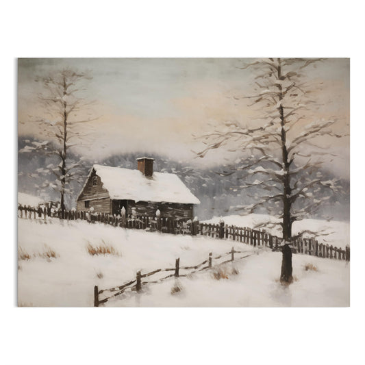 Premium Poster of Serene Snowy Winter Cabin Scene in the Woods Posters