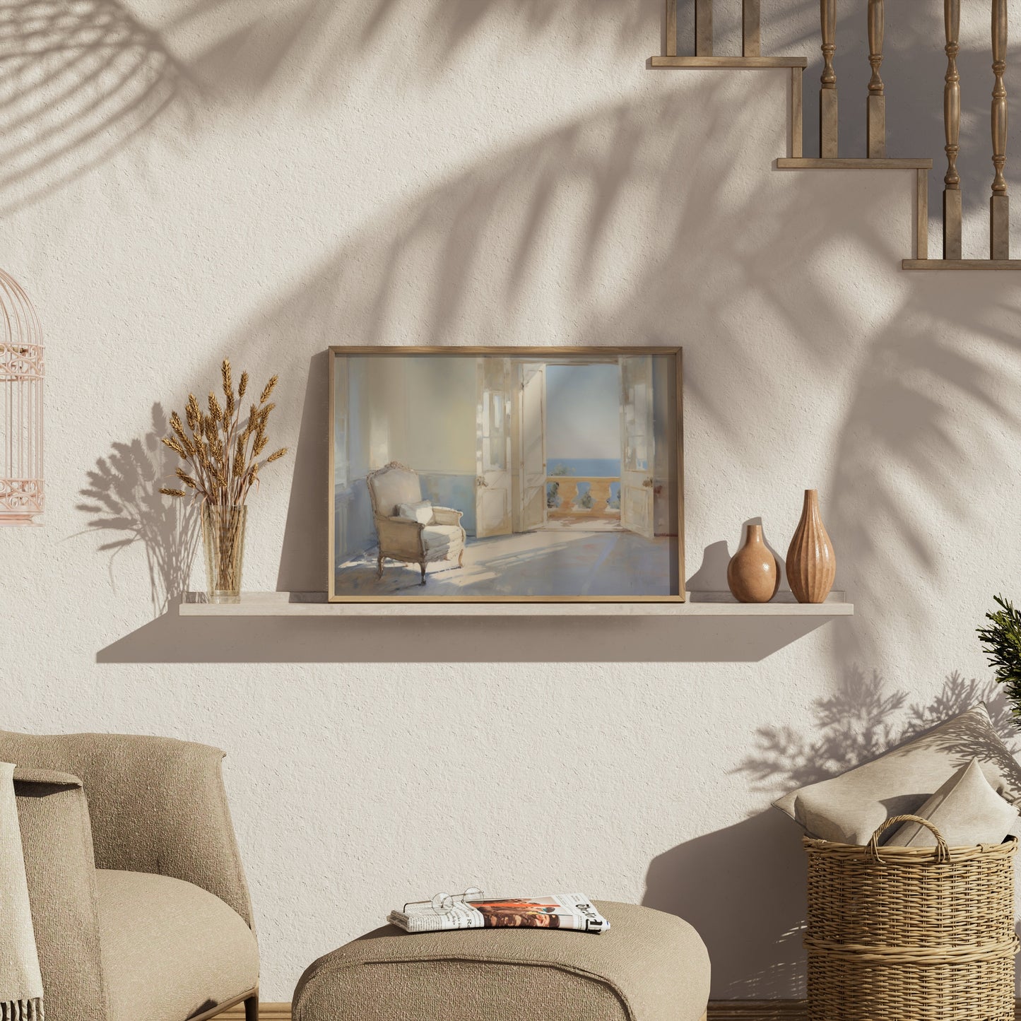 Premium Poster of Serene Sunlit Room with Ocean View Art Posters