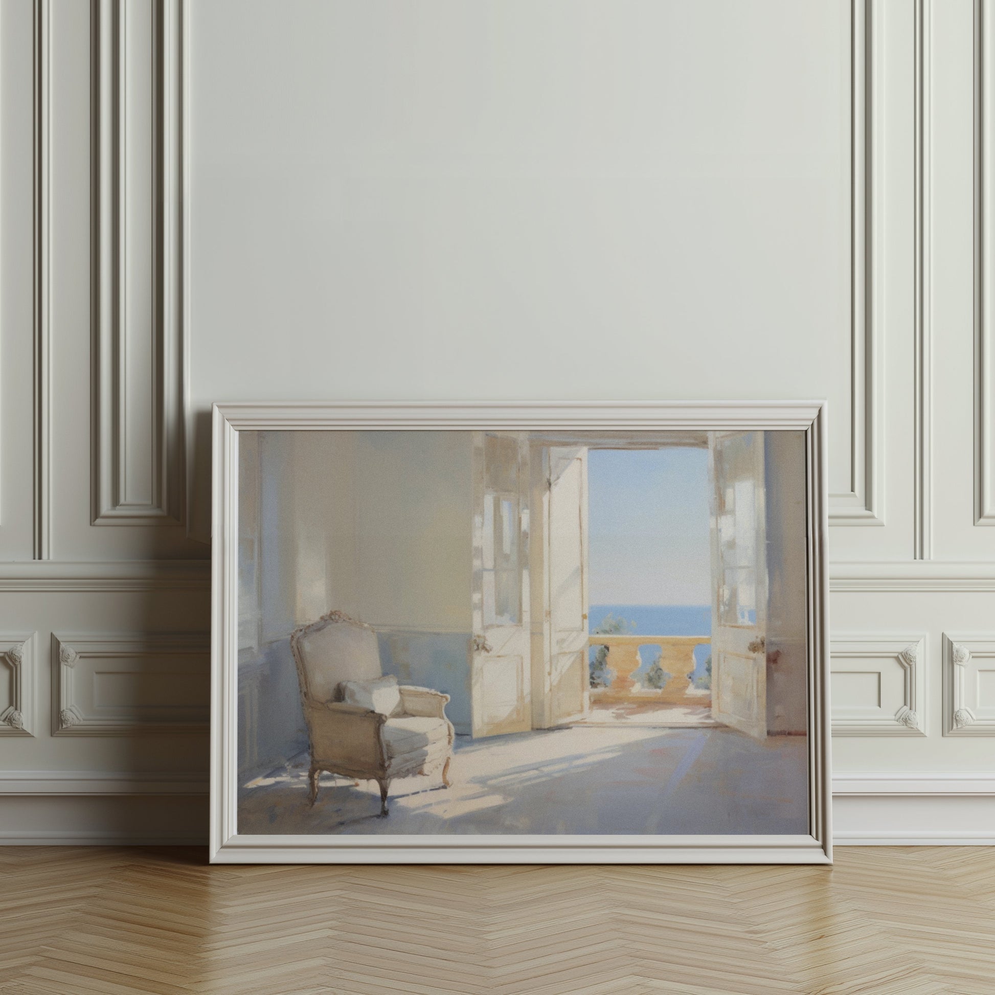 Premium Poster of Serene Sunlit Room with Ocean View Art Posters
