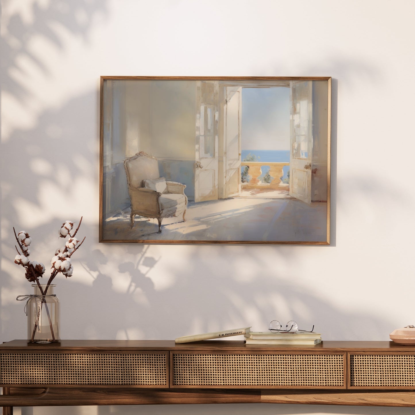 Premium Poster of Serene Sunlit Room with Ocean View Art Posters