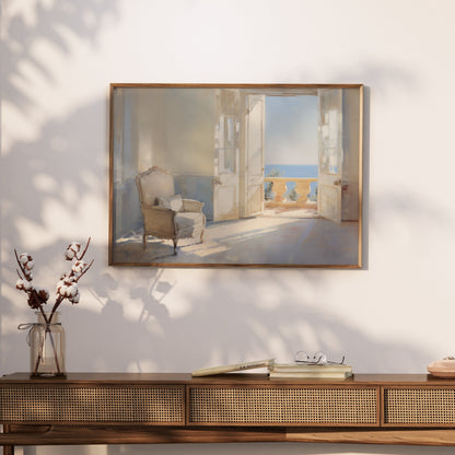 Premium Poster of Serene Sunlit Room with Ocean View Art Posters