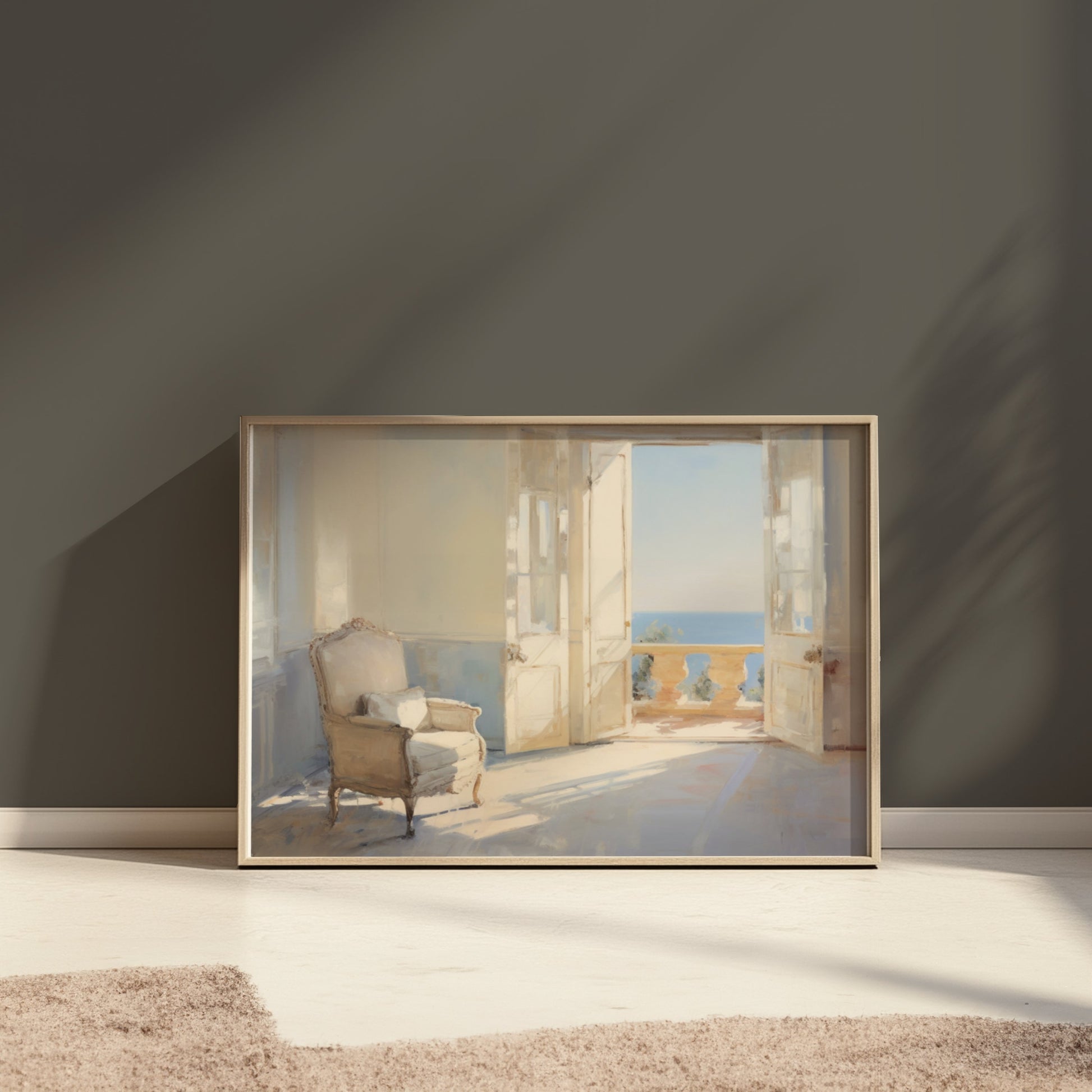 Premium Poster of Serene Sunlit Room with Ocean View Art Posters