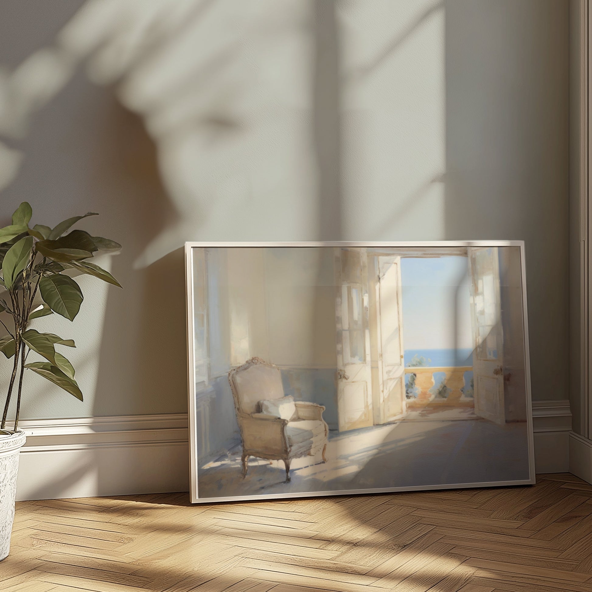 Premium Poster of Serene Sunlit Room with Ocean View Art Posters