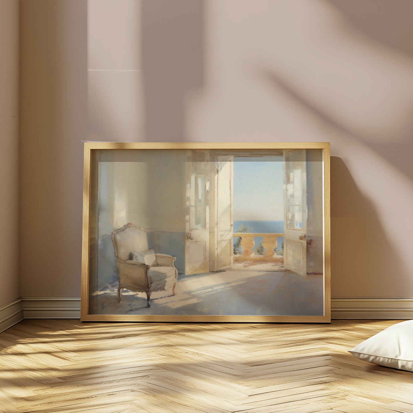 Premium Poster of Serene Sunlit Room with Ocean View Art Posters