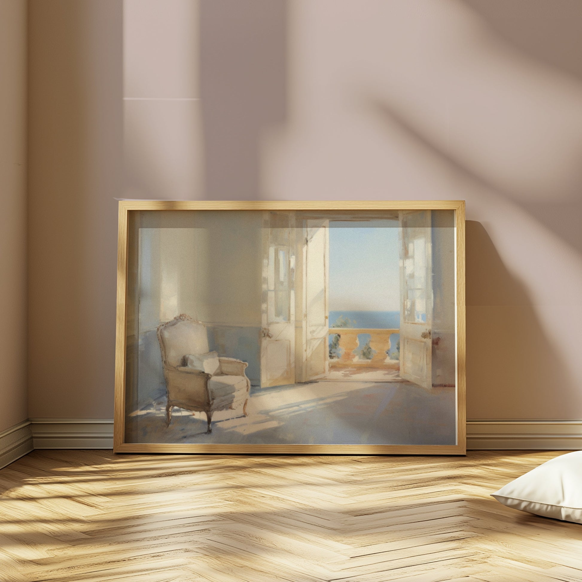 Premium Poster of Serene Sunlit Room with Ocean View Art Posters