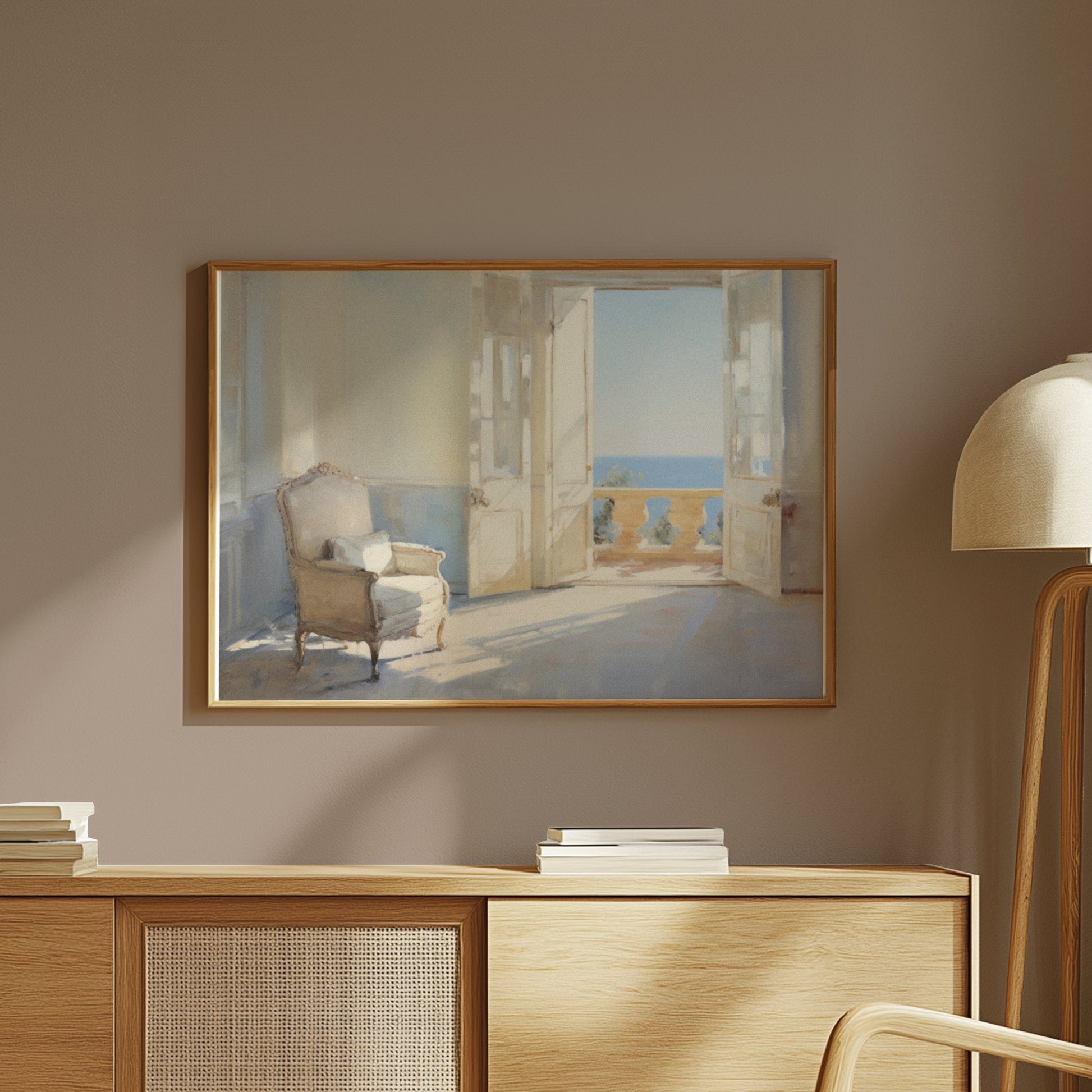 Premium Poster of Serene Sunlit Room with Ocean View Art Posters