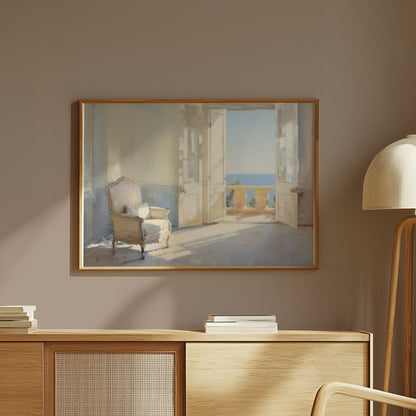 Premium Poster of Serene Sunlit Room with Ocean View Art Posters