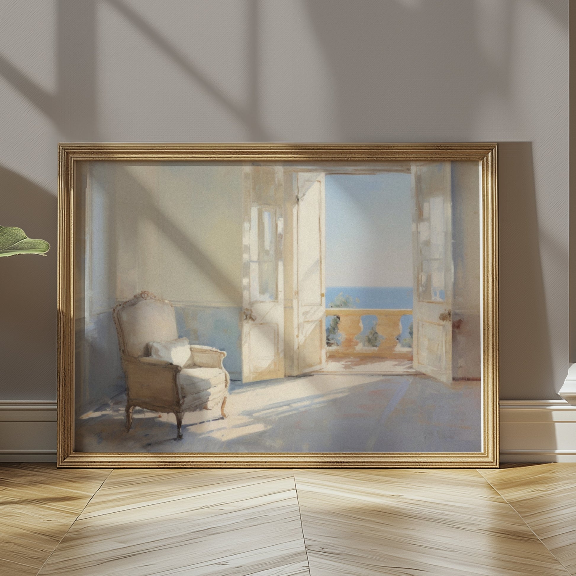 Premium Poster of Serene Sunlit Room with Ocean View Art Posters