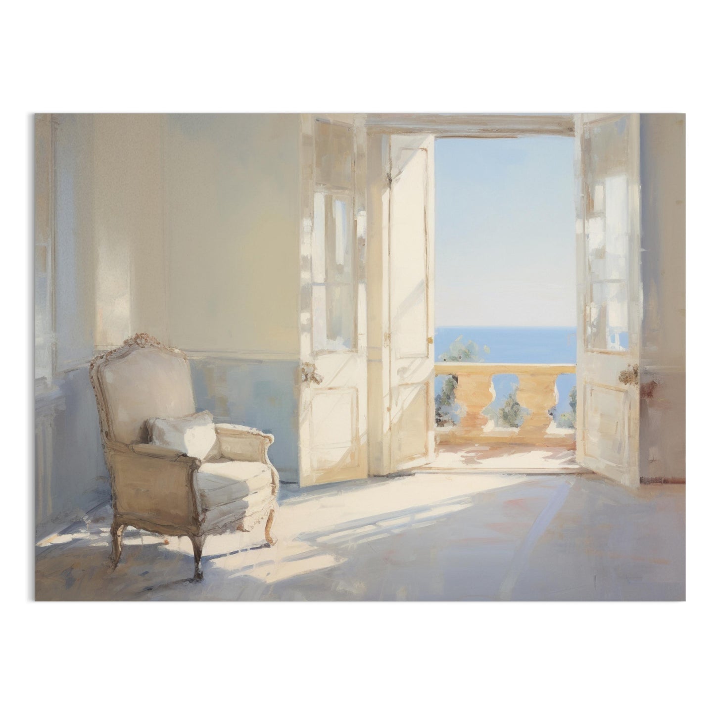 Premium Poster of Serene Sunlit Room with Ocean View Art Posters