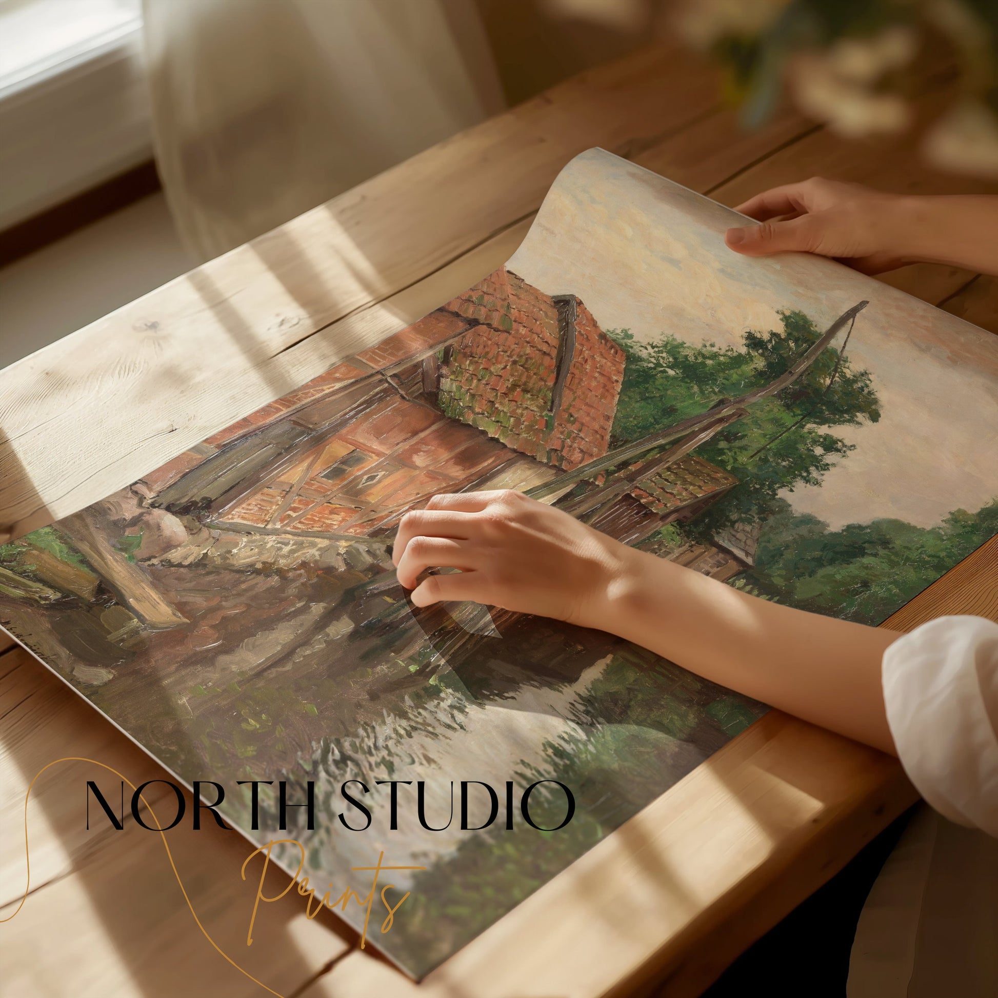 Premium Poster of Serene Village House by the River Vintage Art Posters
