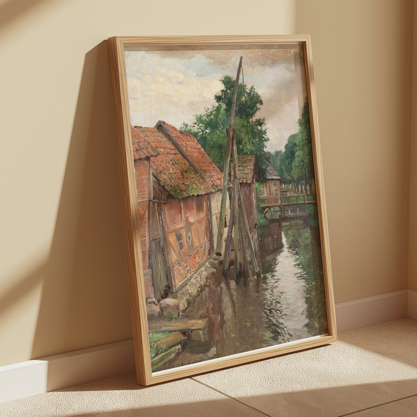 Premium Poster of Serene Village House by the River Vintage Art Posters