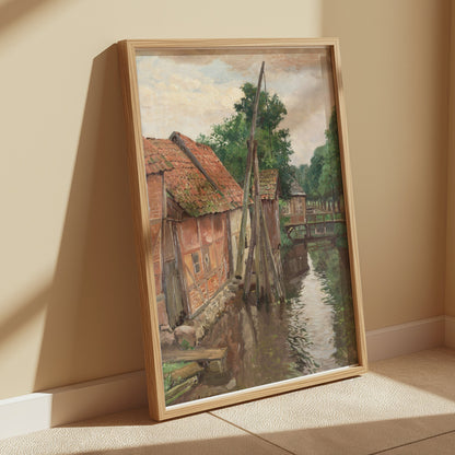 Premium Poster of Serene Village House by the River Vintage Art Posters