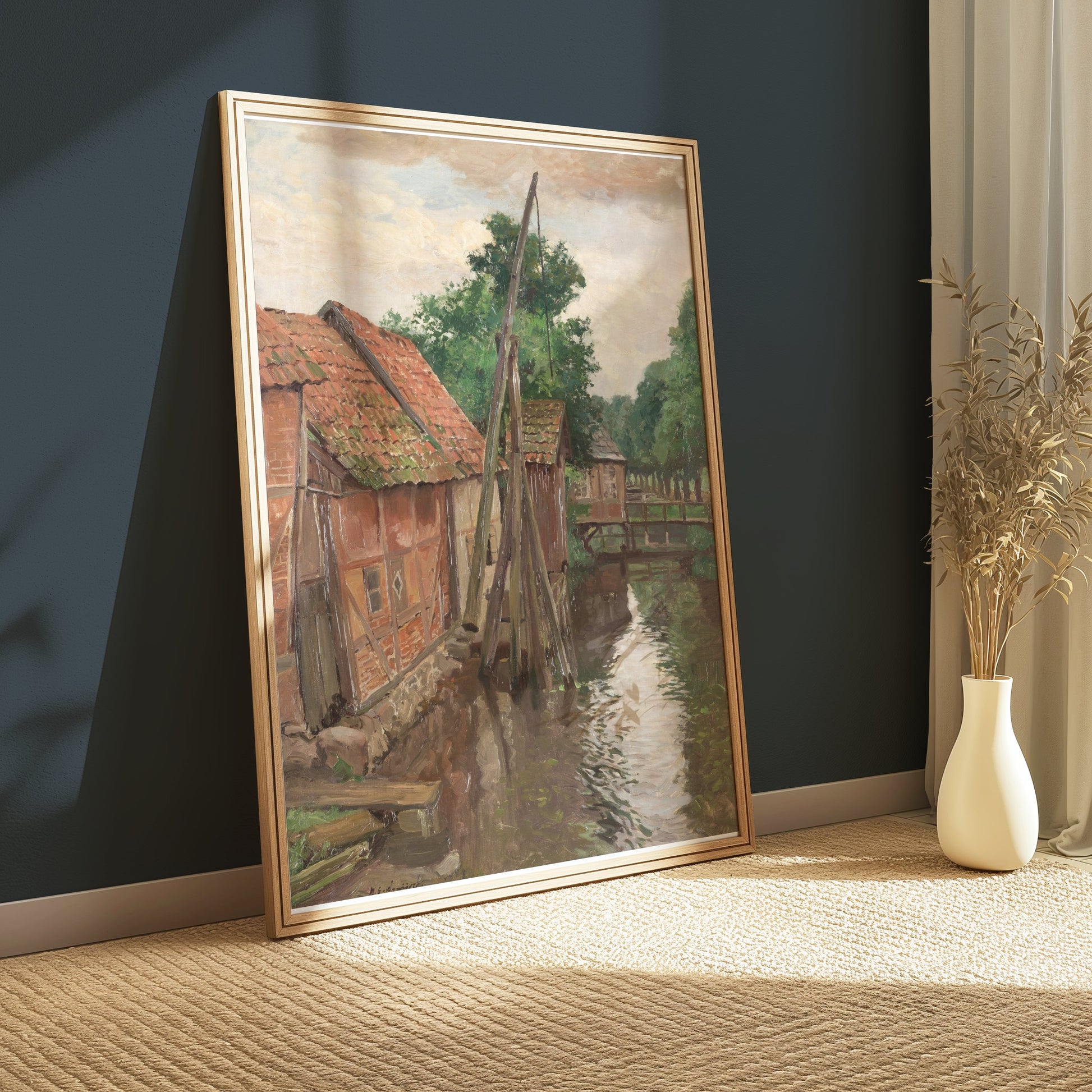 Premium Poster of Serene Village House by the River Vintage Art Posters