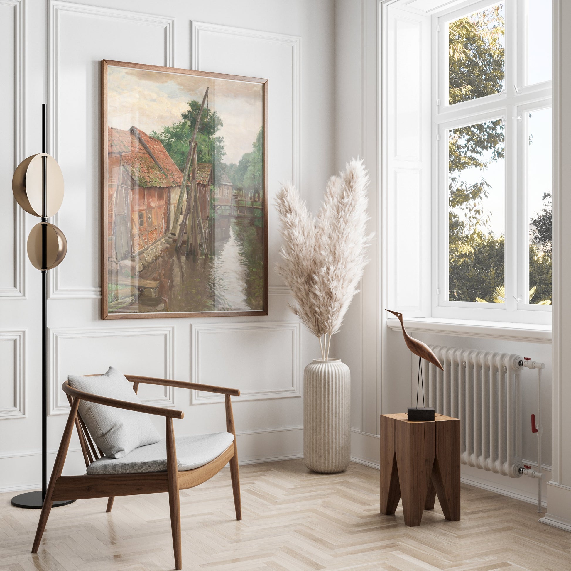 Premium Poster of Serene Village House by the River Vintage Art Posters