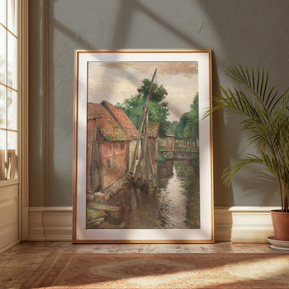 Premium Poster of Serene Village House by the River Vintage Art Posters
