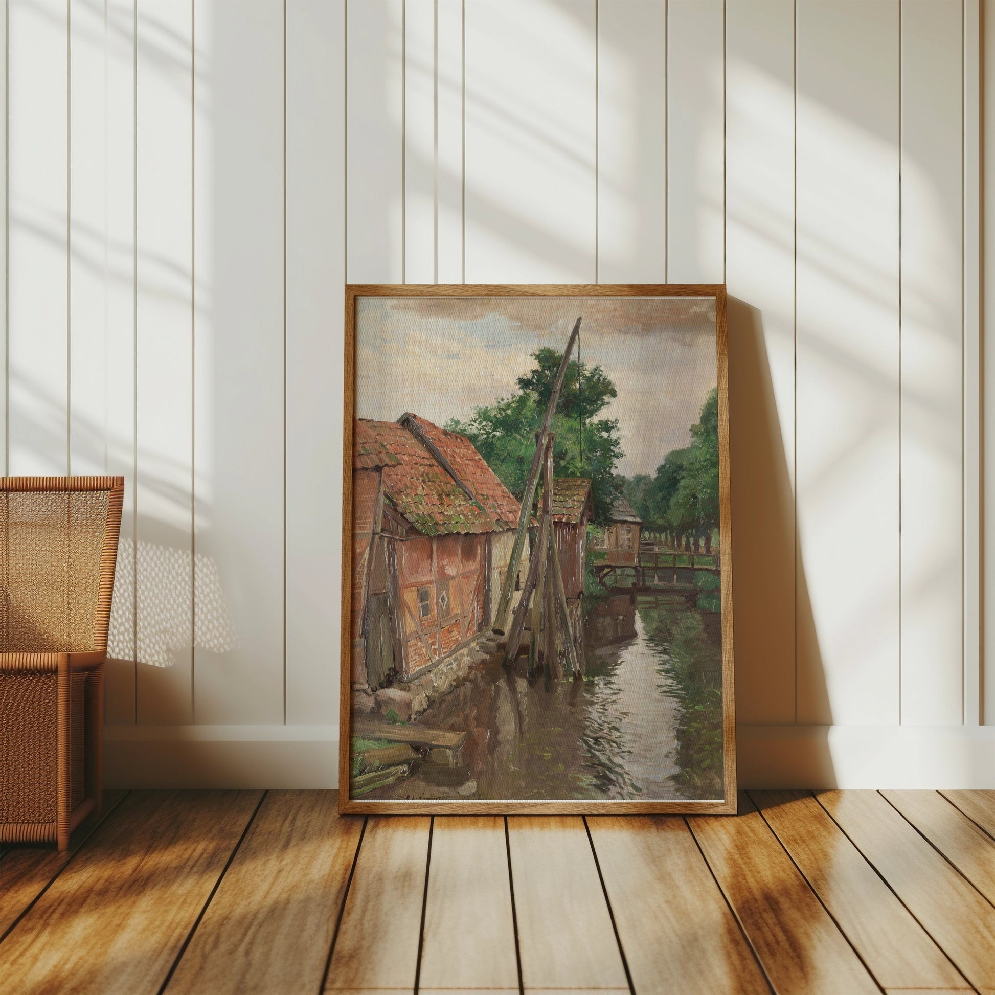 Premium Poster of Serene Village House by the River Vintage Art Posters