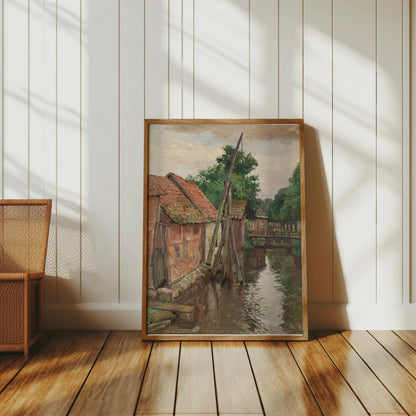 Premium Poster of Serene Village House by the River Vintage Art Posters