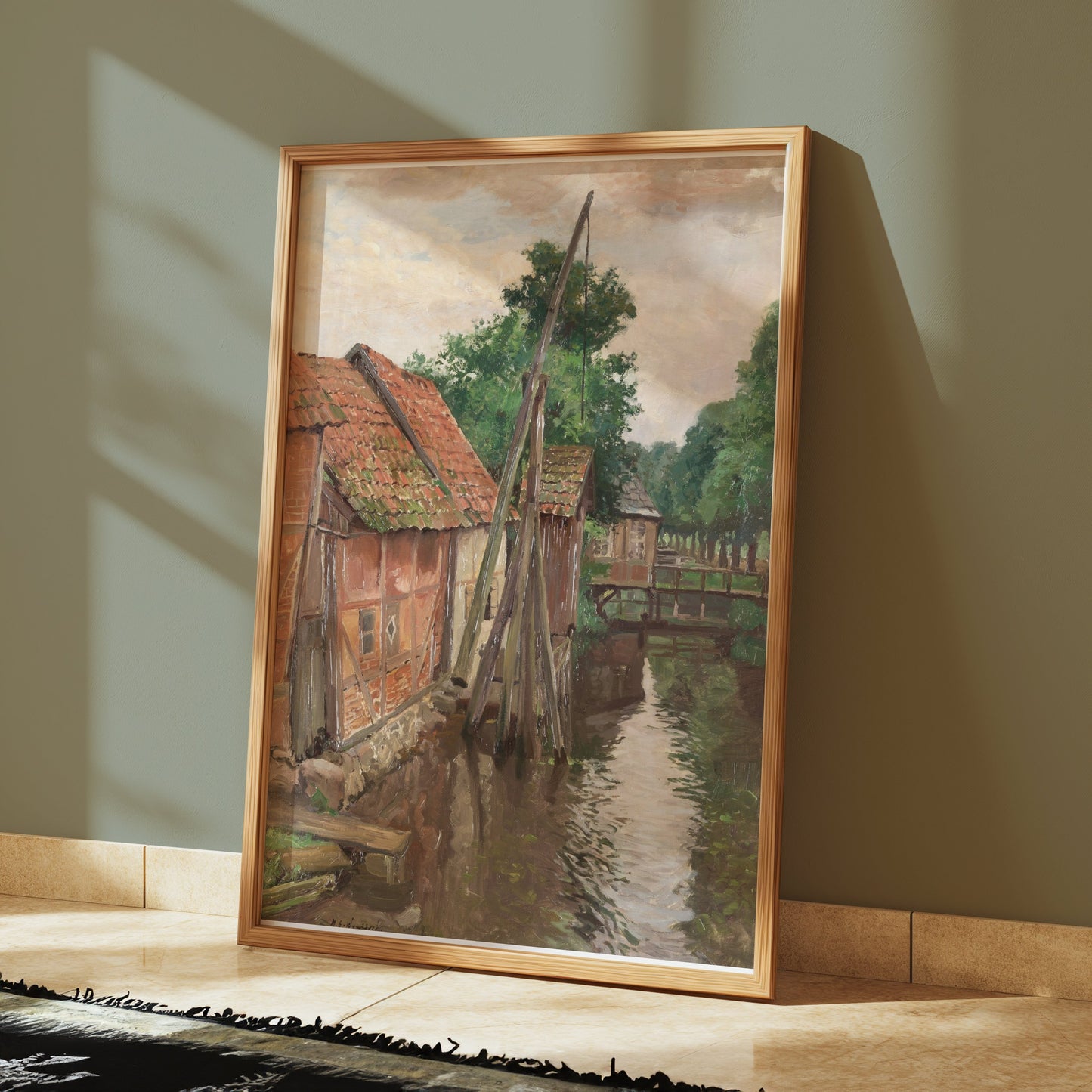 Premium Poster of Serene Village House by the River Vintage Art Posters