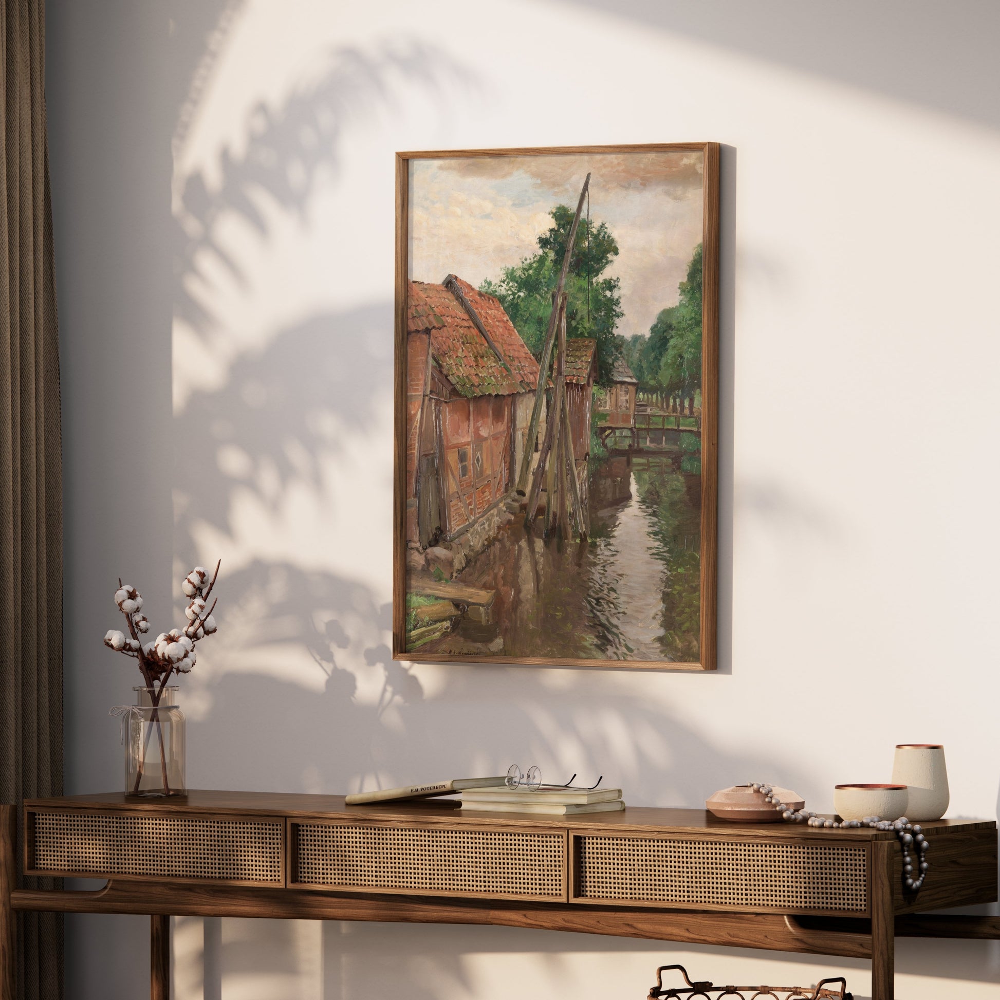 Premium Poster of Serene Village House by the River Vintage Art Posters