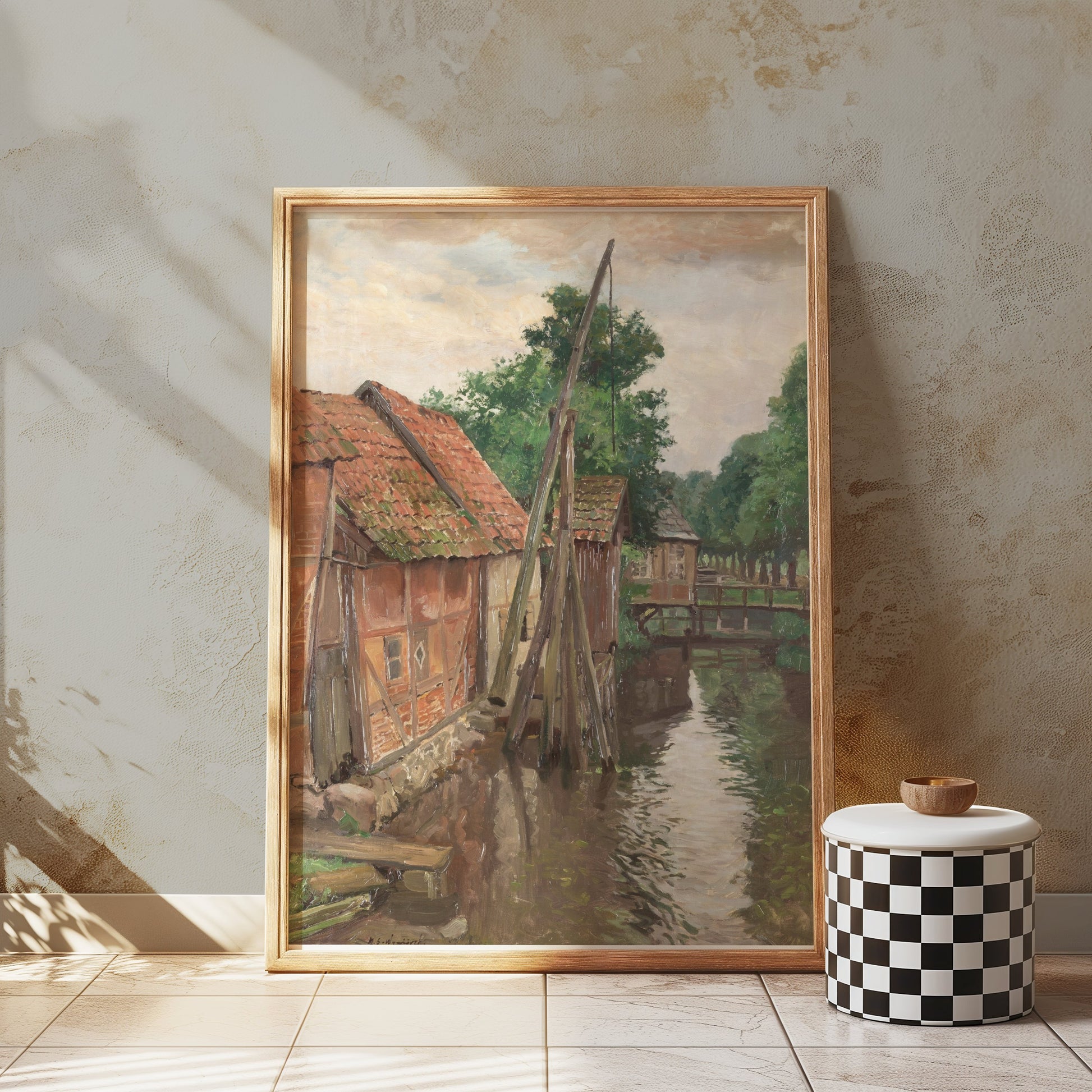 Premium Poster of Serene Village House by the River Vintage Art Posters