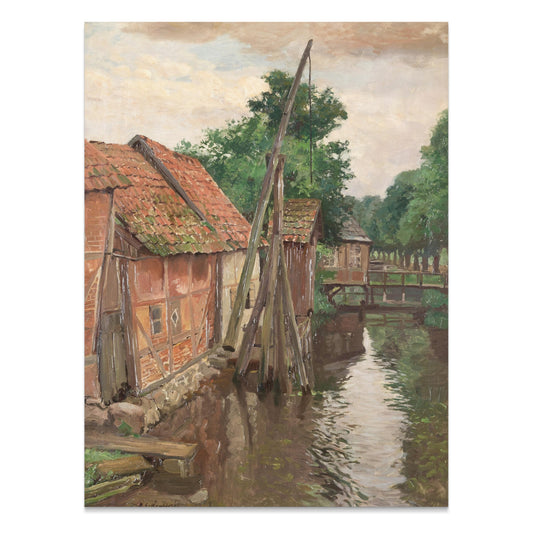 Premium Poster of Serene Village House by the River Vintage Art Posters