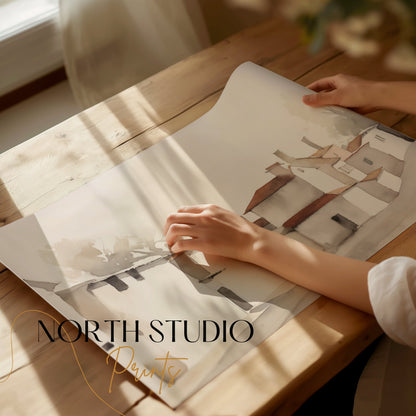 Premium Poster of Serene Village Landscape in Watercolor Style Posters